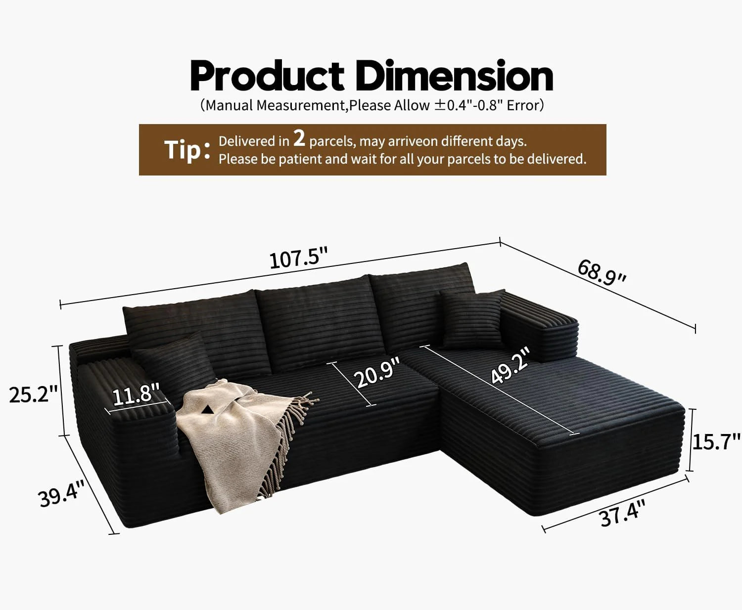 107.5 Cloud Modular Sectional Sofa Couch with L-Shape Chaise,Modern Minimalist Upholstered Couches