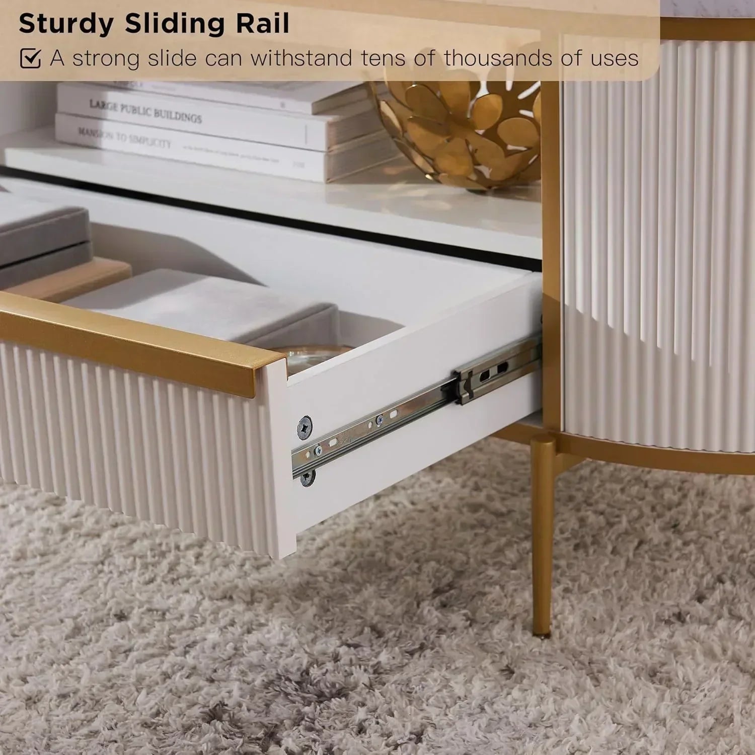OKD Modern Luxury Grooved Coffee Table 48 Inch Oval Coffee Table Drawers Imitation Marble Top