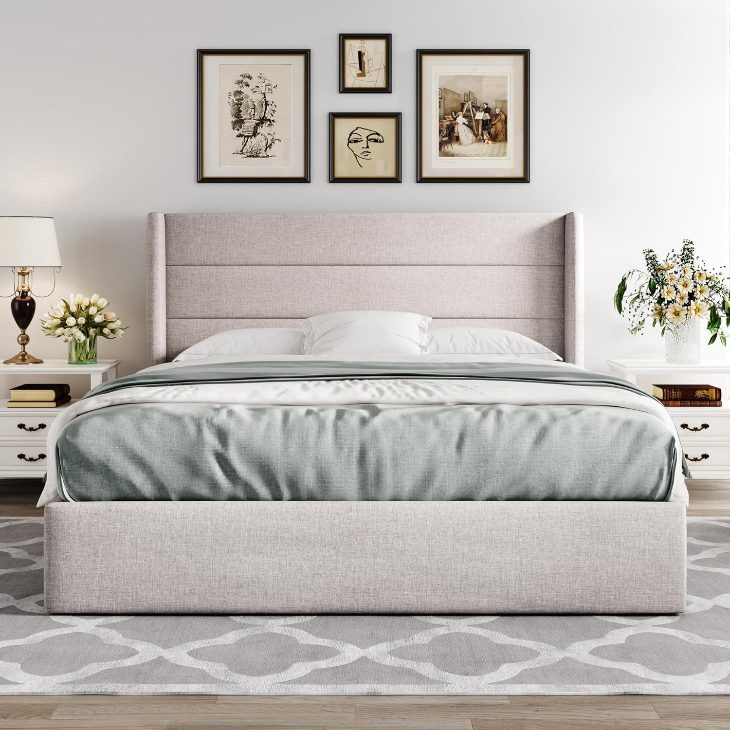 Allewie Queen Size Lift Up Storage Bed Modern Wingback Headboard Hydraulic Support