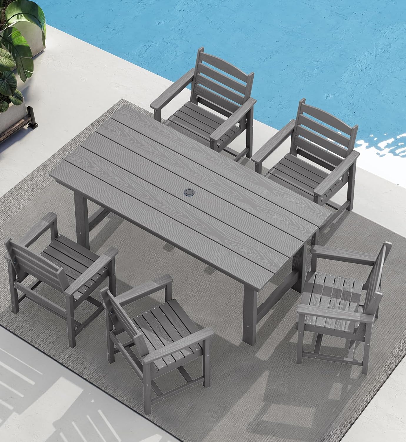 Outdoor HDPE Dining Table Set, 7-Piece Outdoor Dining Table Sets with Umbrella Hole Cut-Out Table and 6 Chairs