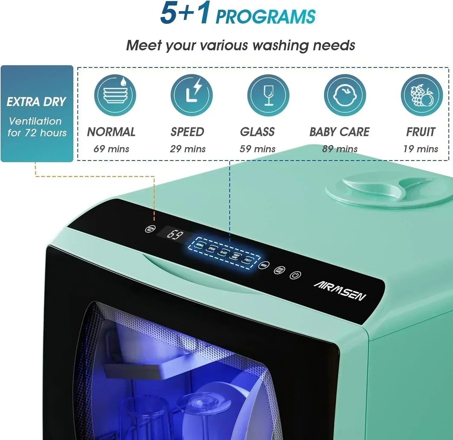 AIRMSEN portable tabletop dishwasher 5 washing programs mini dishwasher
