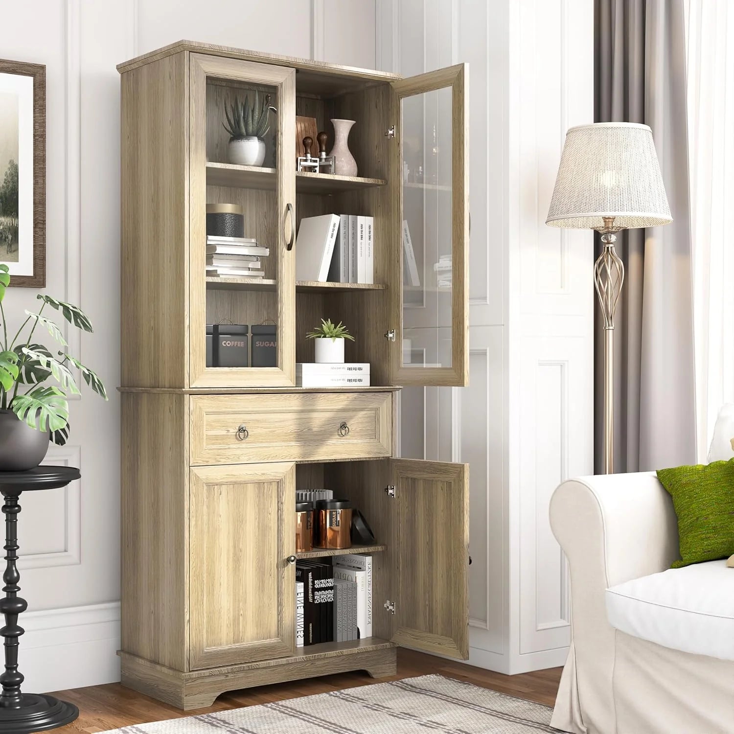 Kitchen Hutch Pantry Cabinet 71 Tall with Glass Doors