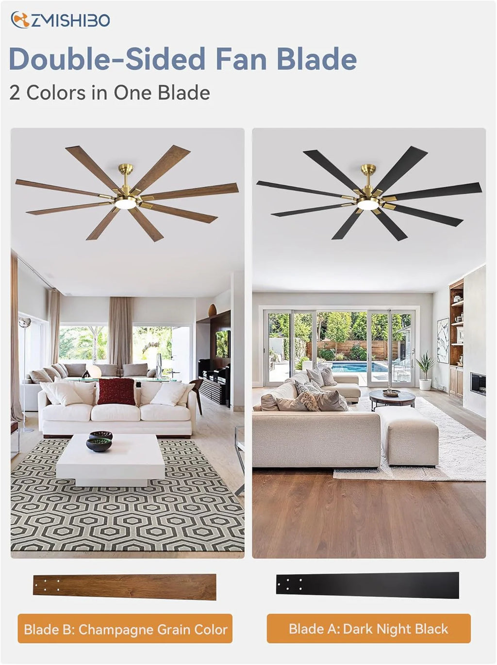 ZMISHIBO 72 inch Large Ceiling Fans with Lights and Remote, Indoor/Outdoor Black Modern Ceiling Fan for Kitchen Living Room Patio, 6 Speed Reversible Quiet DC Motor, 3 CCT, Dual Finish 8 Blades