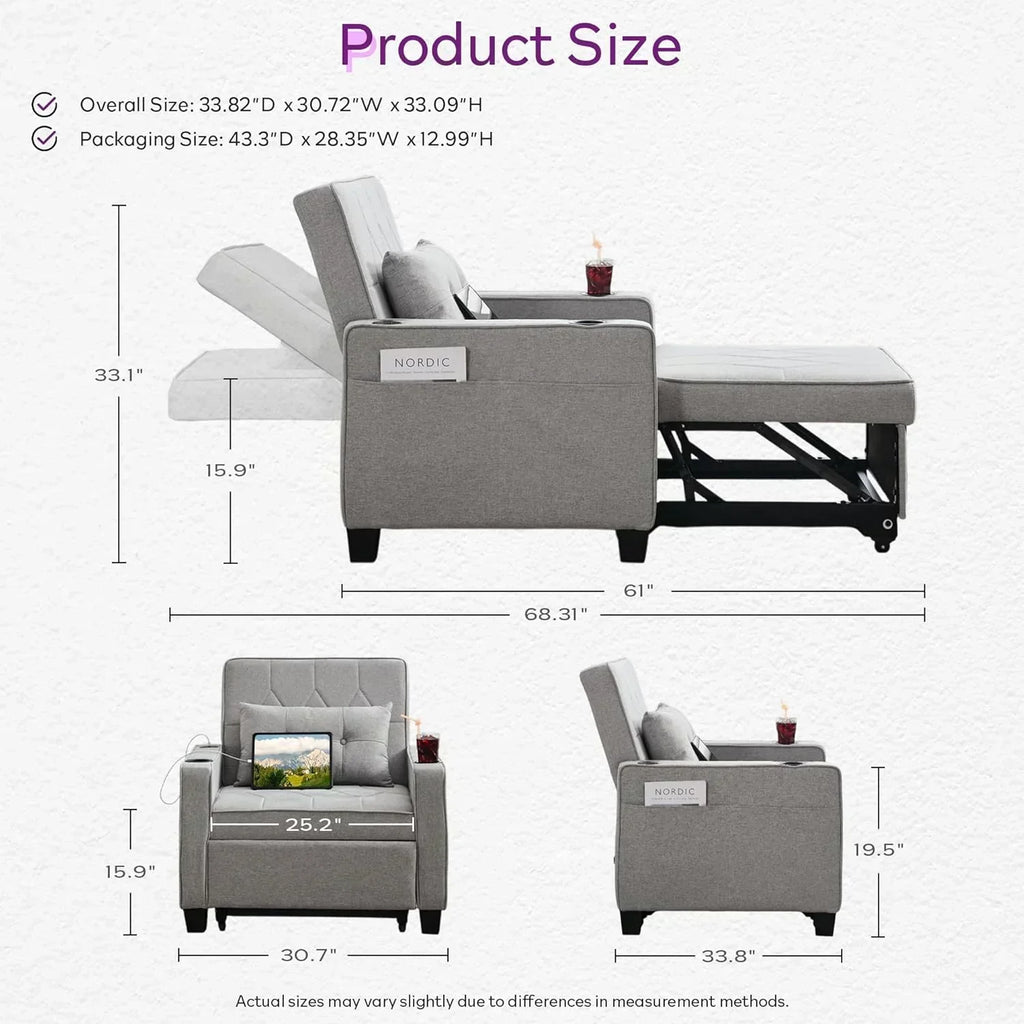 Adult Convertible Sleeper Chair Bed 3-in-1 Pull-Out Sofa Bed with USB/Type-C Ports Cup Holders