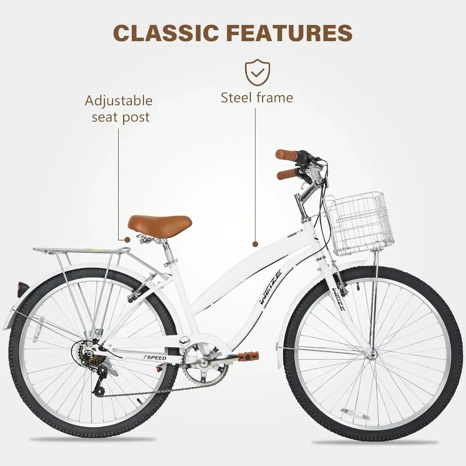 WEIZE Beach Cruiser Bike 26 inch Commuter Bicycle for Adult Men and Women 7-Speed/High-Carbon