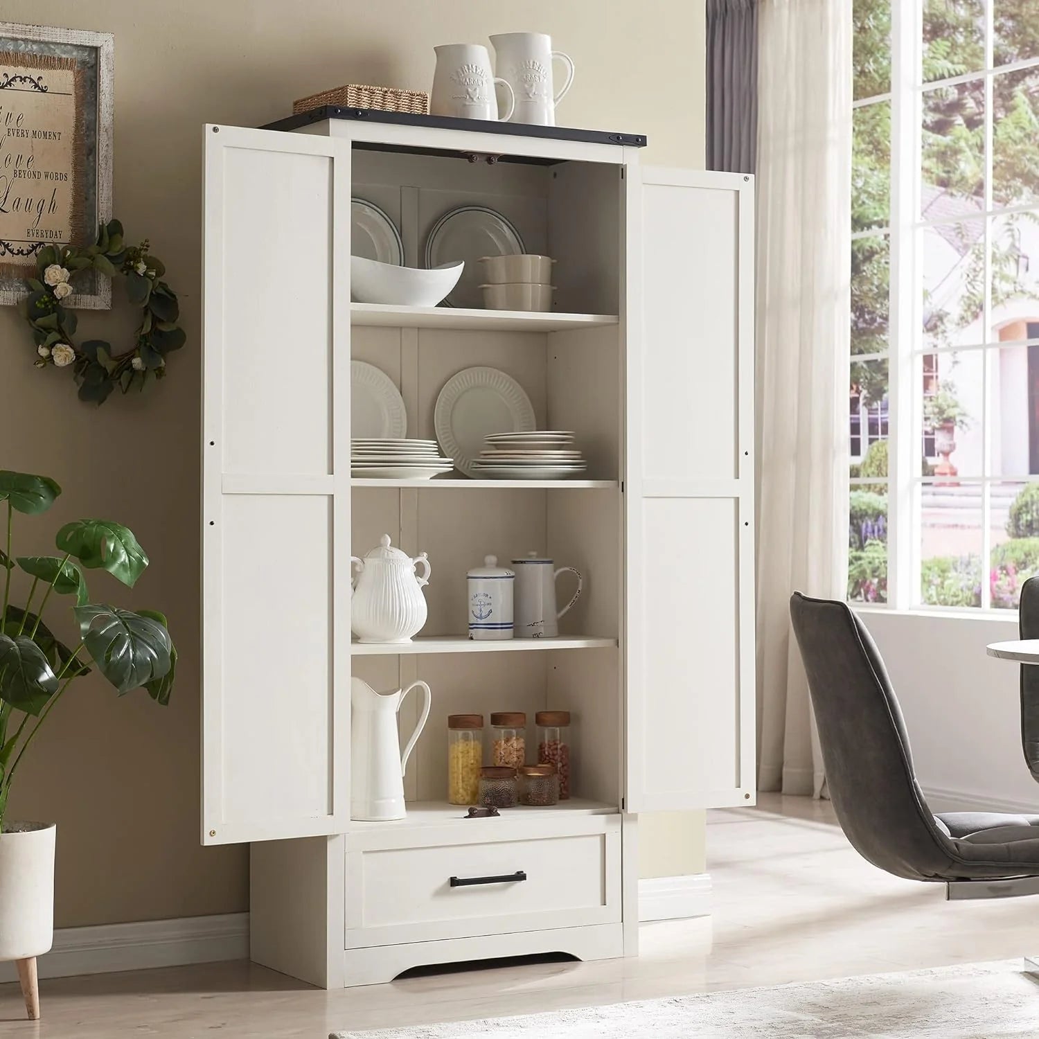 JXQTLINGMU Farmhouse Kitchen Pantry - 72 Tall Wood Kitchen Storage Cabinet with Adjustable Shelves and 2 Barn-Style Doors and Drawers
