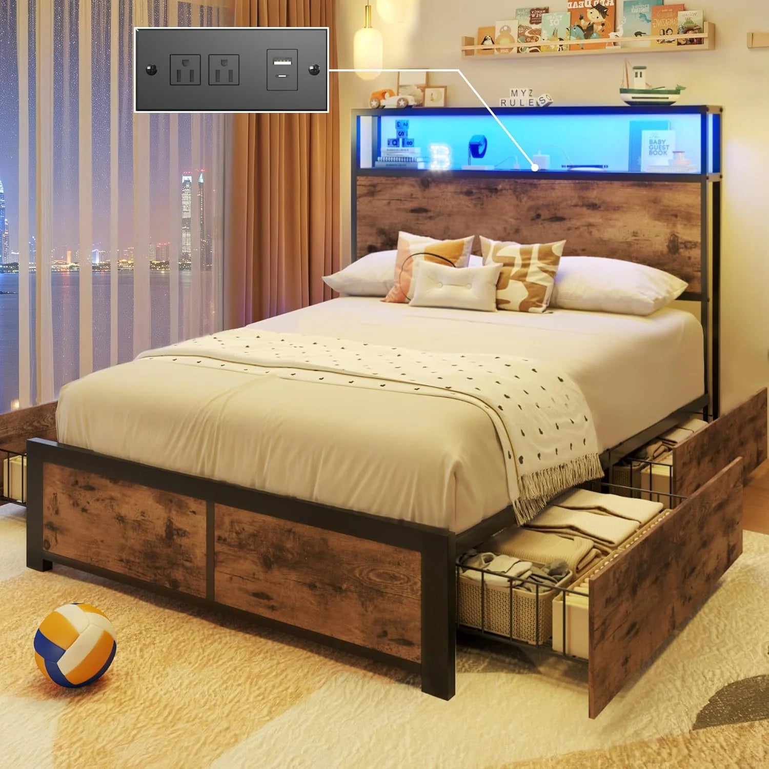Lifezone Queen Bed Frame with 2-Tier Storage Headboard, Metal Platform Bed Frame with 4 Storage Drawers, Built in Charging Station & LED, Noise-Free/Metal Support/No Box Spring Needed