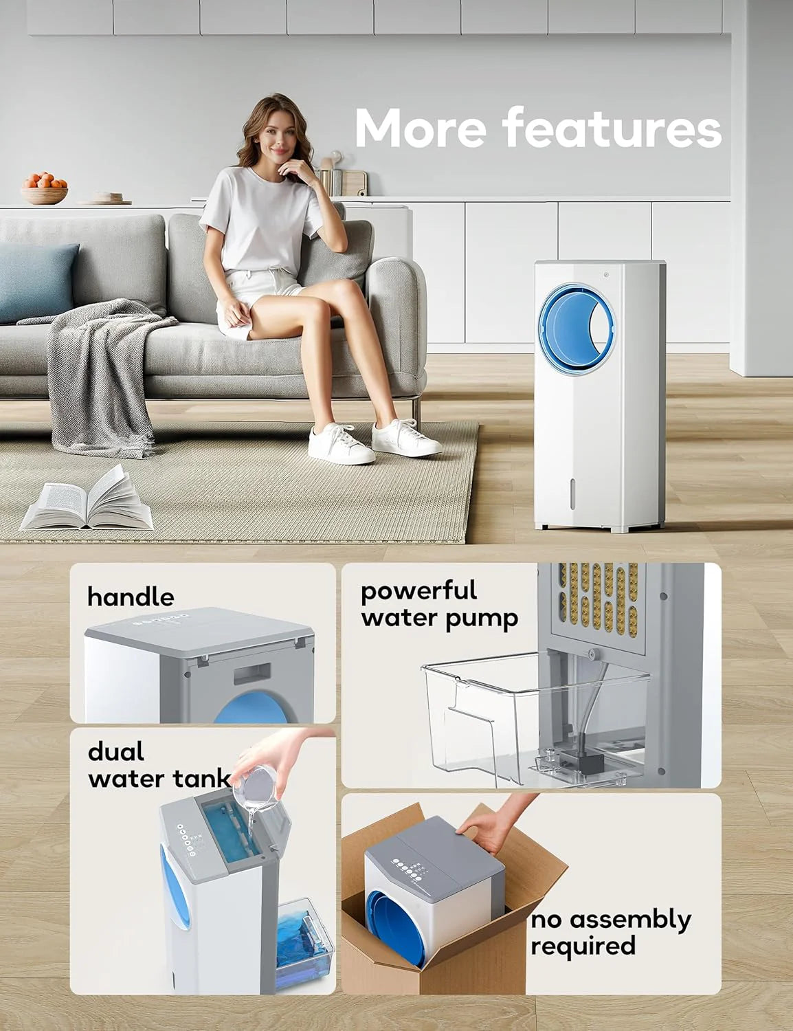 Windowless Portable Air Conditioner, 26.3 Small Evaporative Air Cooler for Room No Window, 3-Speed Settings, 4 Modes, 7H Timer, Remote Control, 4 Ice Packs, Quiet AC Unit for Bedroom