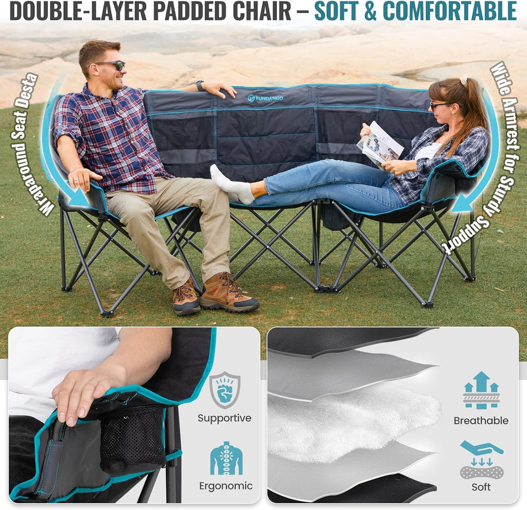 Double Camping Chair Cooler 3-Person Folding Extra Large Camping Chair 1000-Pound Capacity