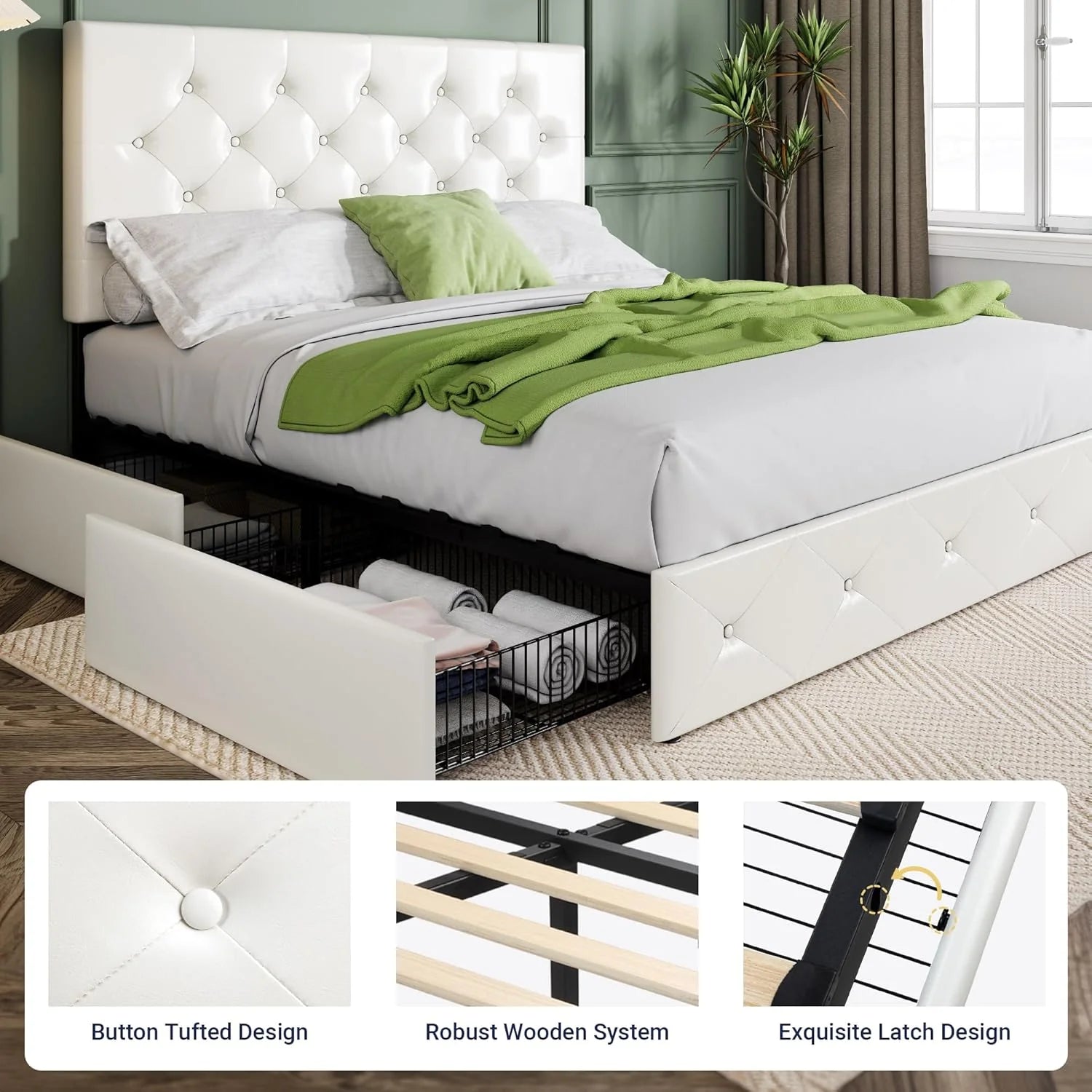 Allewie Upholstered Queen Size Platform Bed Frame with 4 Storage Drawers and Headboard