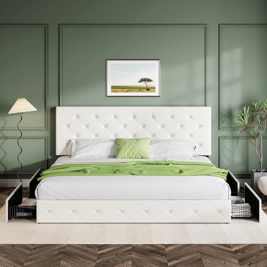 Allewie Upholstered Queen Size Platform Bed Frame with 4 Storage Drawers and Headboard