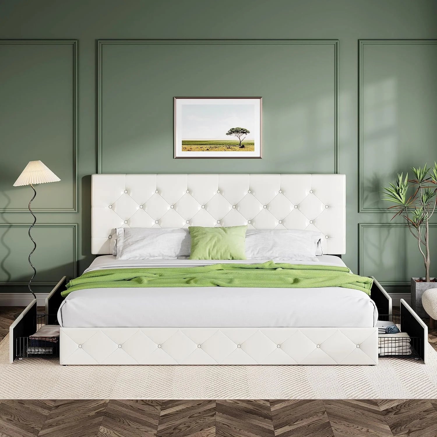 Allewie Upholstered Queen Size Platform Bed Frame with 4 Storage Drawers and Headboard