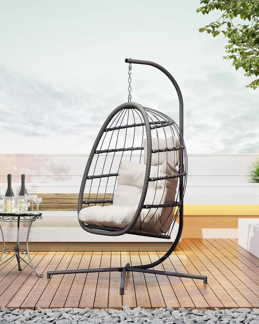 HWB Hanging Egg Chair Patio Wicker Hammock Egg Swing Chair with Cushion for Bedroom