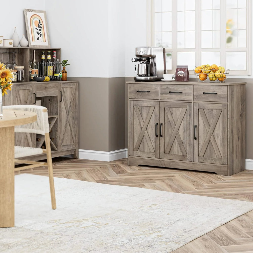 Modern farmhouse sideboard, barn door buffet storage cabinet with drawers and shelves, wooden coffee bar with storage