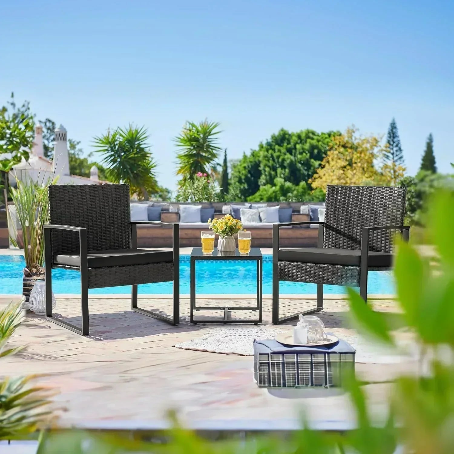 Flamaker 3 Pieces Patio Set Outdoor Wicker Furniture Sets Modern Rattan Chair Conversation Sets