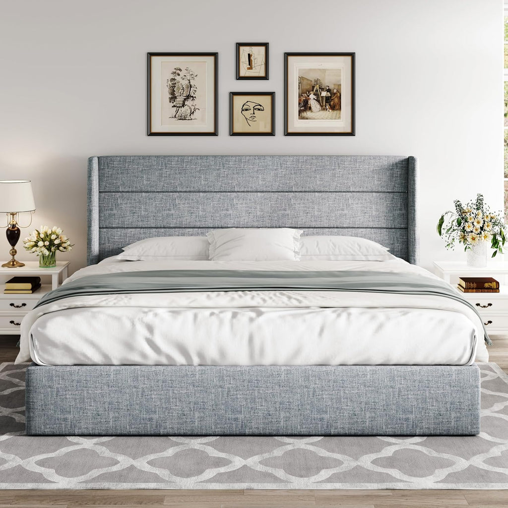 Allewie Queen Size Lift Up Storage Bed Modern Wingback Headboard Hydraulic Support