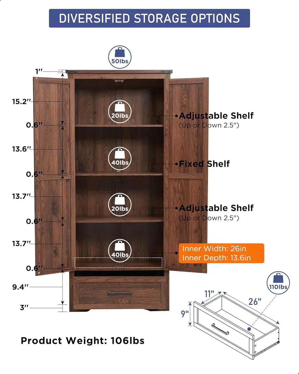 JXQTLINGMU Farmhouse Kitchen Pantry 72 Tall Wood Kitchen Storage Cabinet Adjustable Shelves