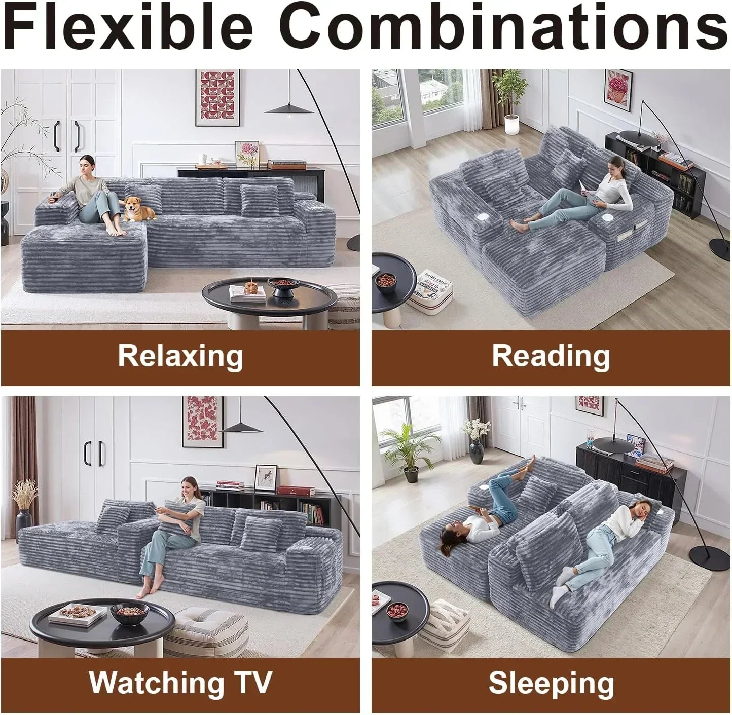 Cloud Sectional Couch with L Shape Chaise Modern Modular Sofa with Deep Seat Built in Cup Holder