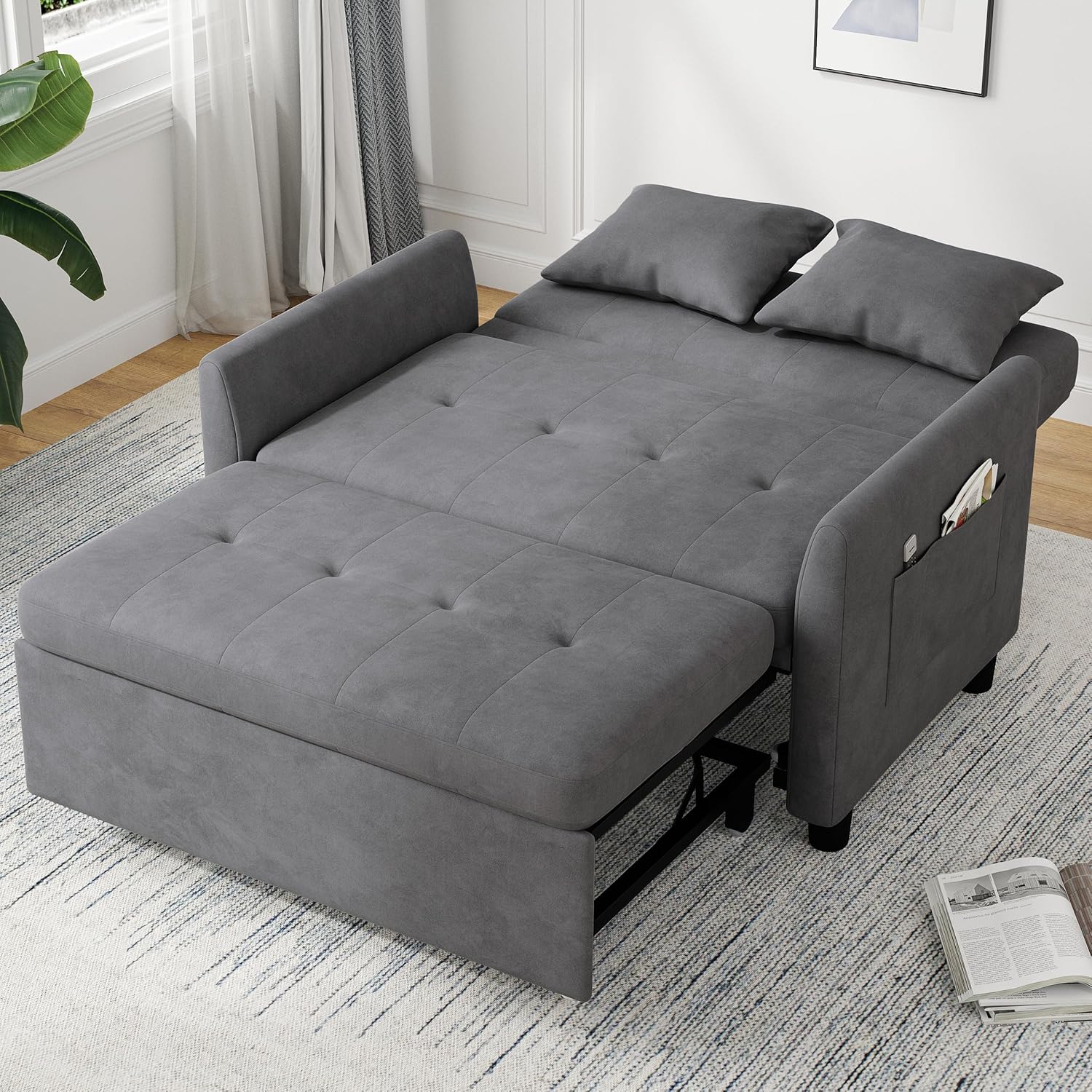 Sleeper Sofa Bed, 3 in 1 Convertible Sleeper Couch Bed Pull Out, Small Loveseat Sofa, Futon Sofa Bed Full Size, 46 Velvet Love Seat