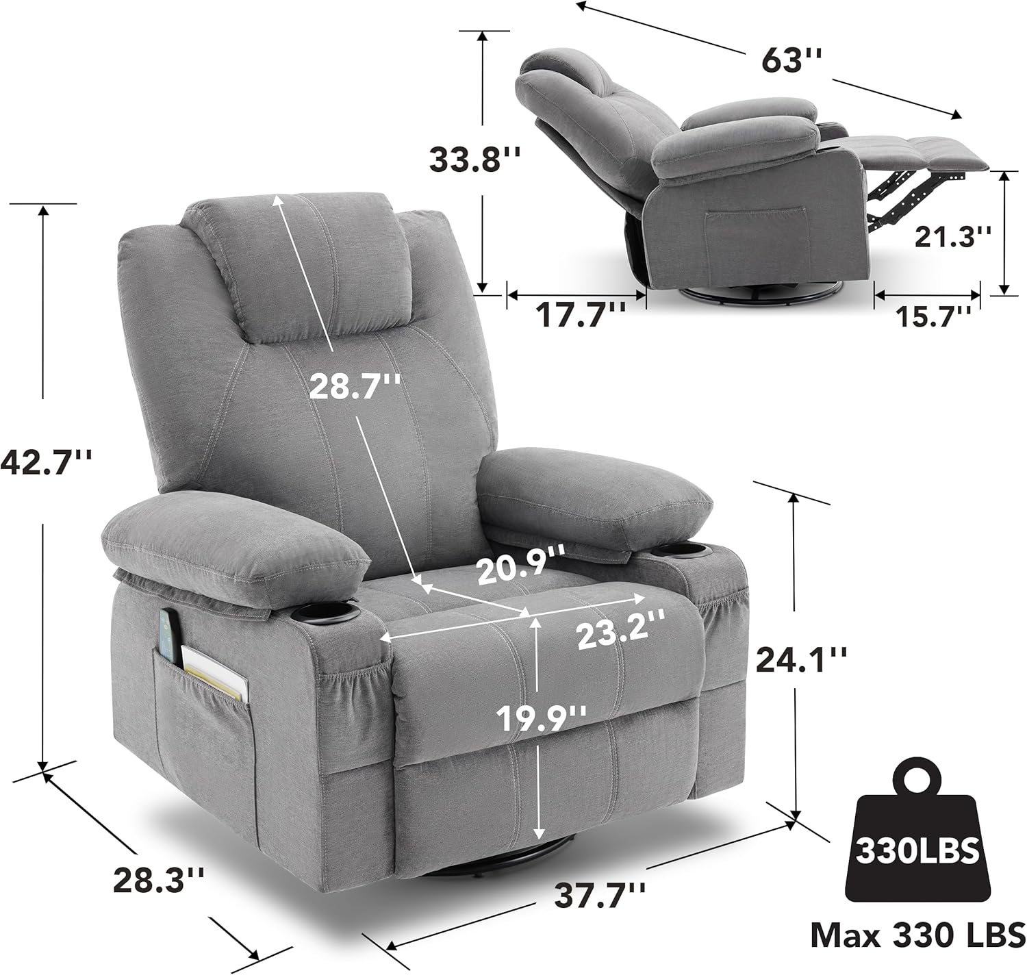 Large Swivel Rocking Recliner with Heating and Massage Function, 360 Degree Swivel Rocking Single Sofa