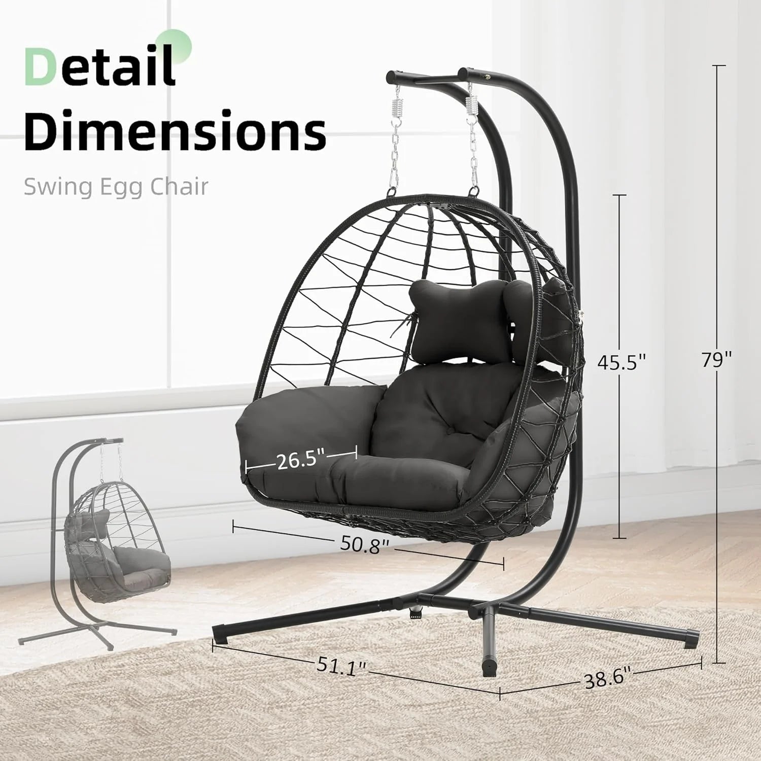 Double Egg Chair Hammock Swing Chair Foldable Hanging Loveseat UV Resistant Cushions