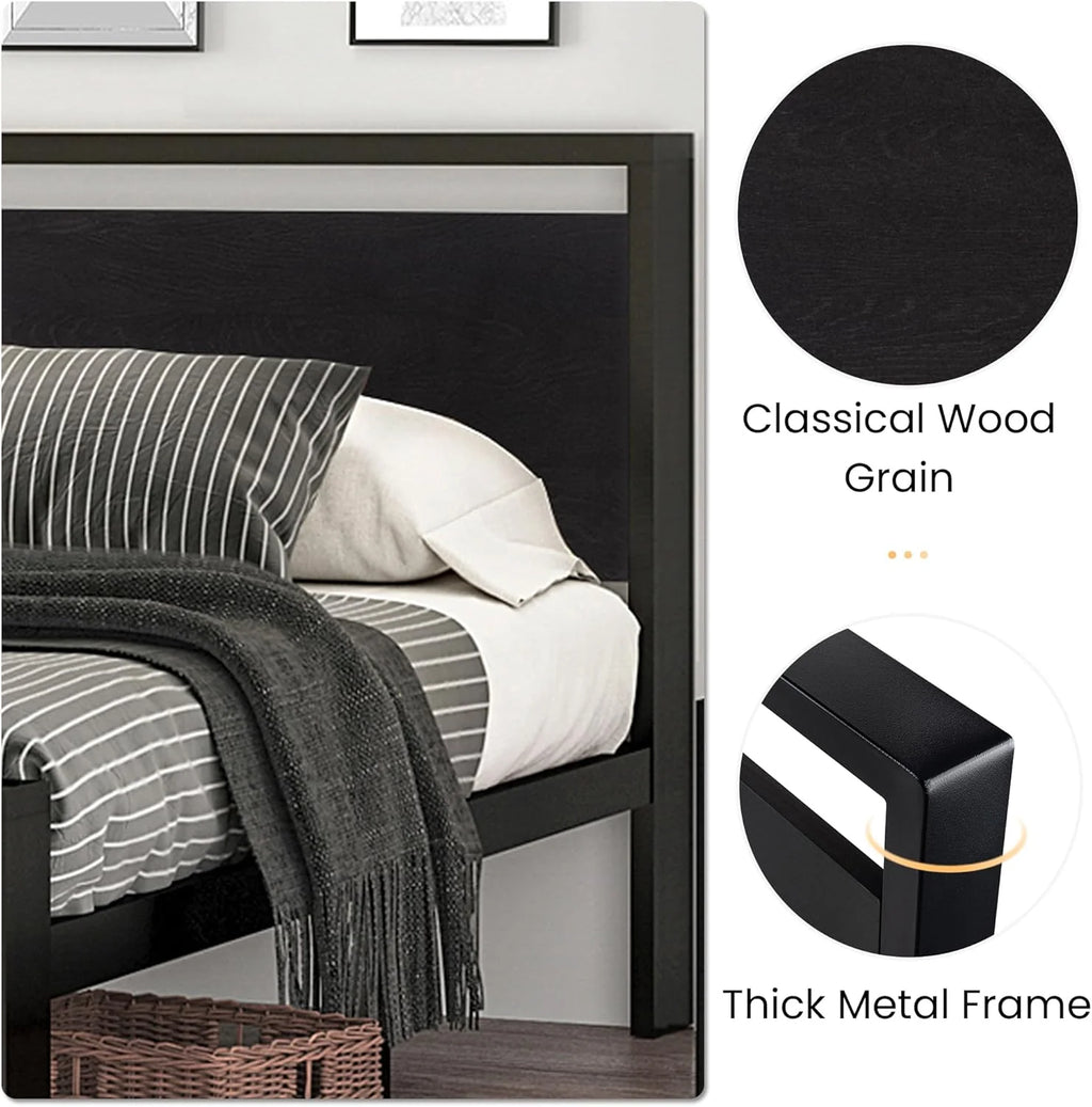 SHA CERLIN 14 Inch Full Size Metal Platform Bed Frame with Wooden Headboard and Footboard
