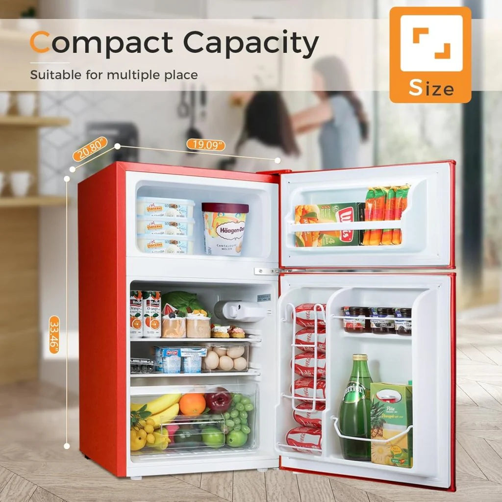 Antarctic Star Compact Mini Refrigerator Separate Freezer, Small Fridge Double 2-Door Adjustable Removable Retro Stainless Steel Shelves Living room/Kitchen/Dorm/Office 3.2 cu ft.Green