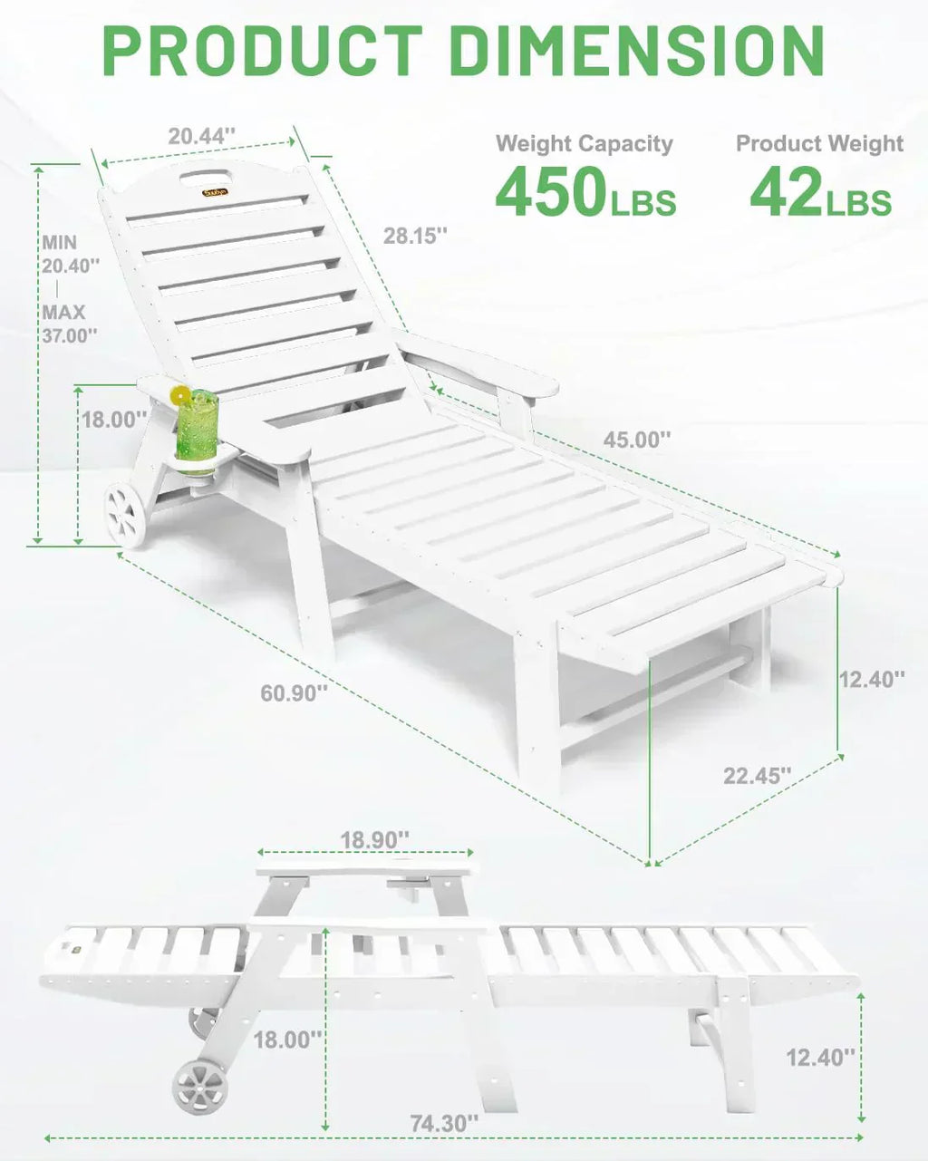 Lounge Chair Outdoor Chaise Lounge HDPE 6-Position Outdoor Chaise Lounge Patio Lounge Chair
