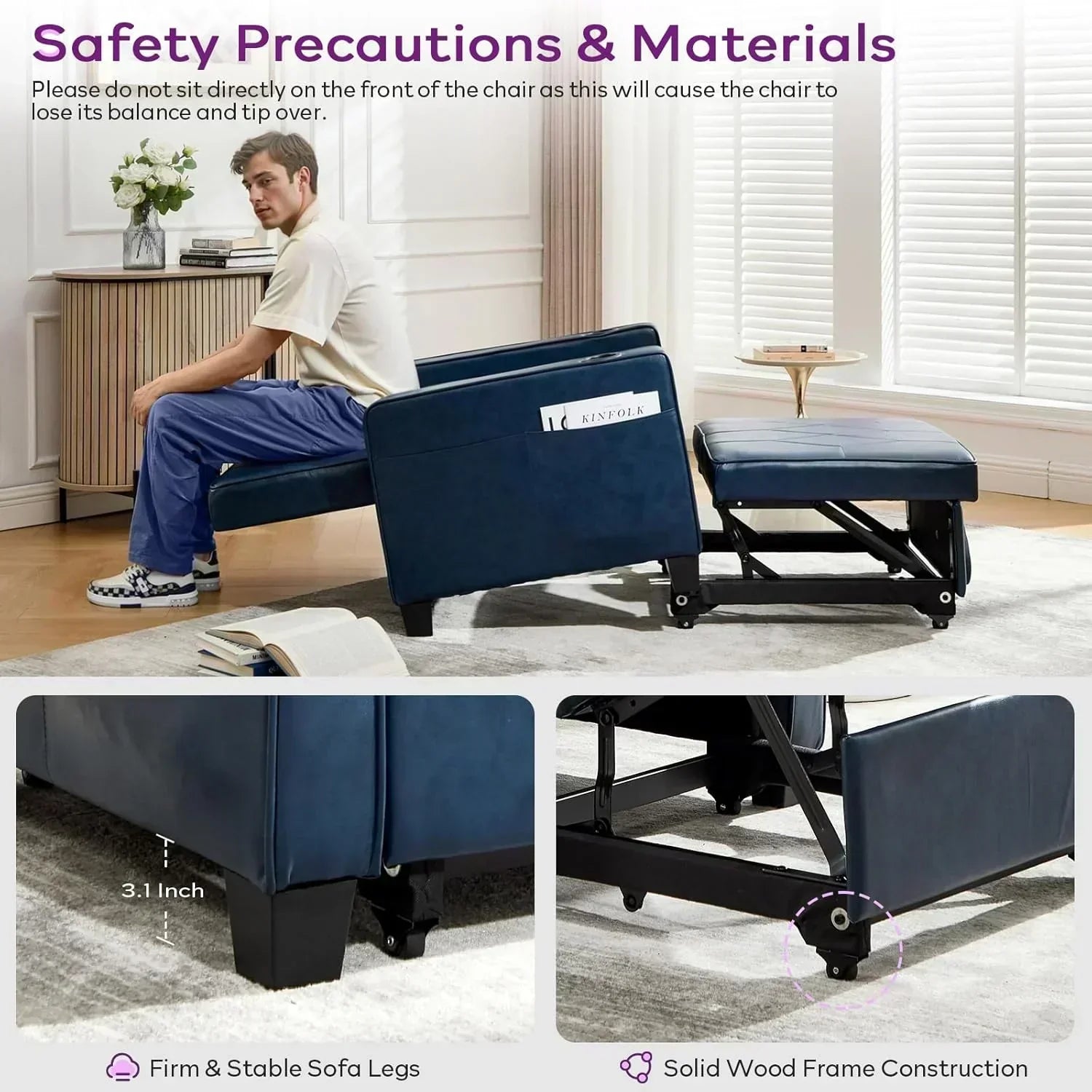 Adult Convertible Sleeper Chair Bed 3-in-1 Pull-Out Sofa Bed with USB/Type-C Ports Cup Holders