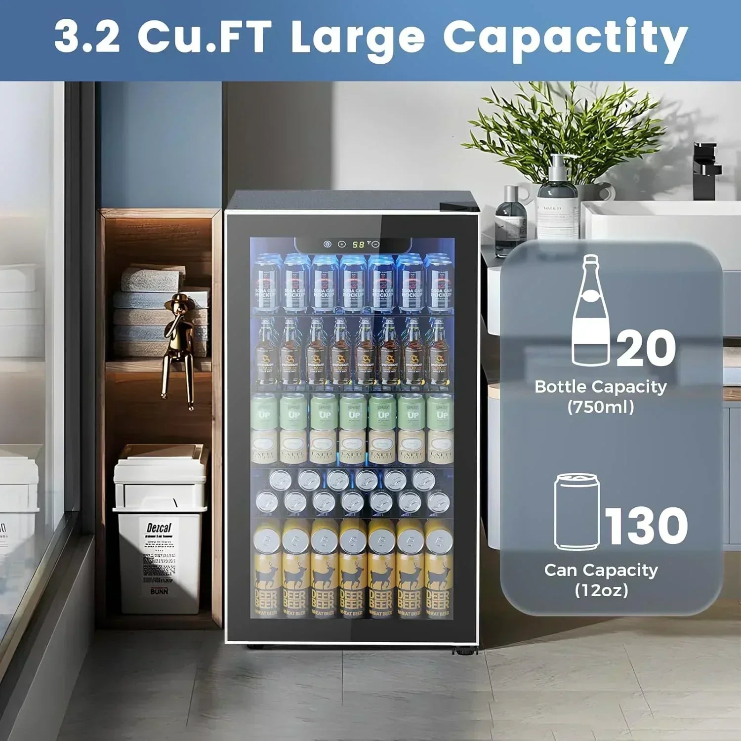 Mini Fridge 130 Can Beverage Refrigerator Cooler Drink Fridge Adjustable Temperature Control