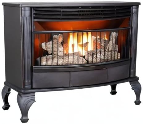 Vent-free 25,000 BTU space-saving freestanding dual-fuel fireplace with built-in thermostat control