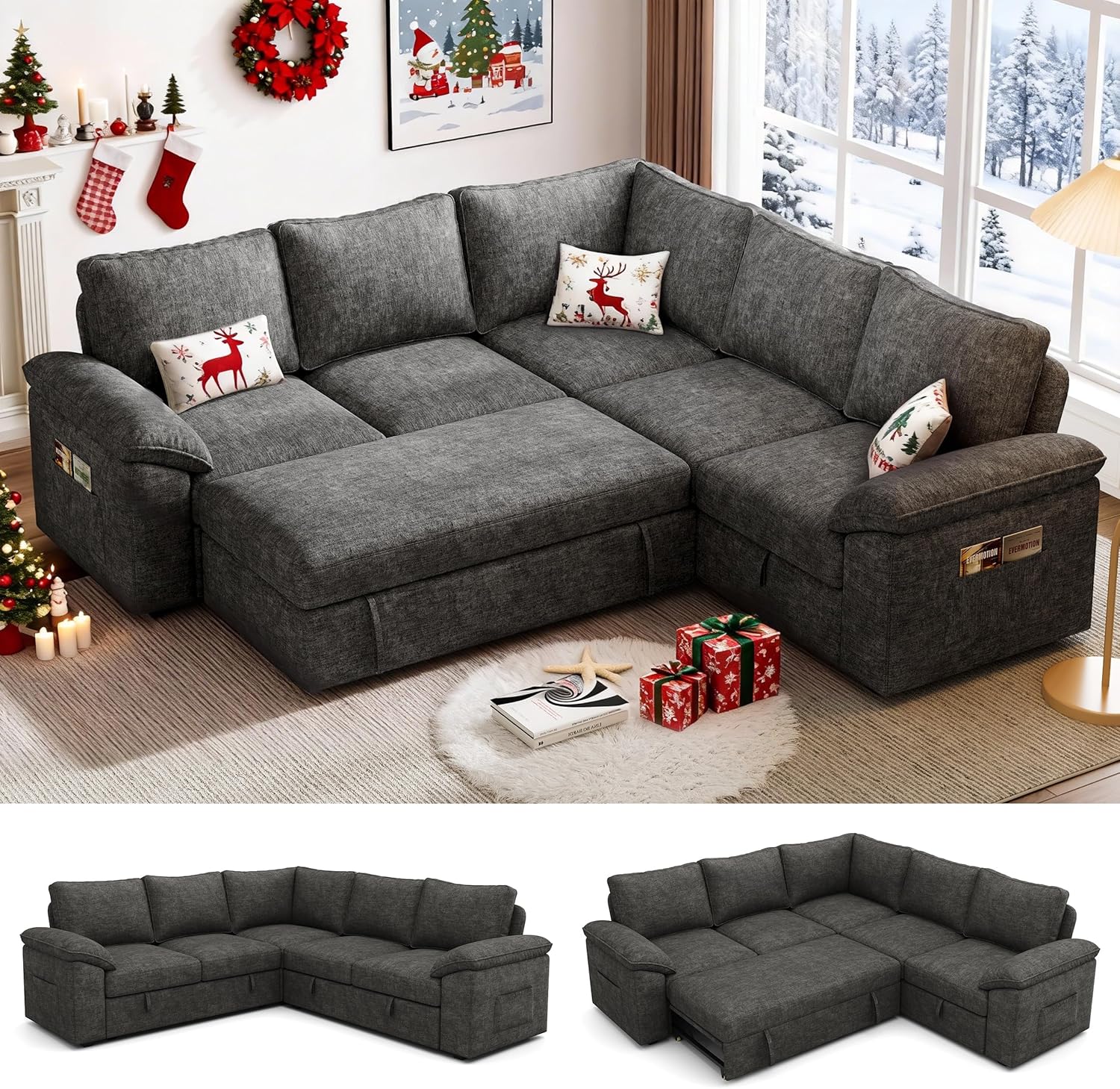 108 Inch Sectional Sleeper Sofa with Pull Out Bed, U Shaped 7 Seat Modular Sectional Sofa