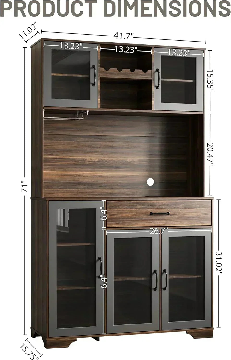 Kitchen Hutch Pantry Cabinet 71 Tall with Glass Doors