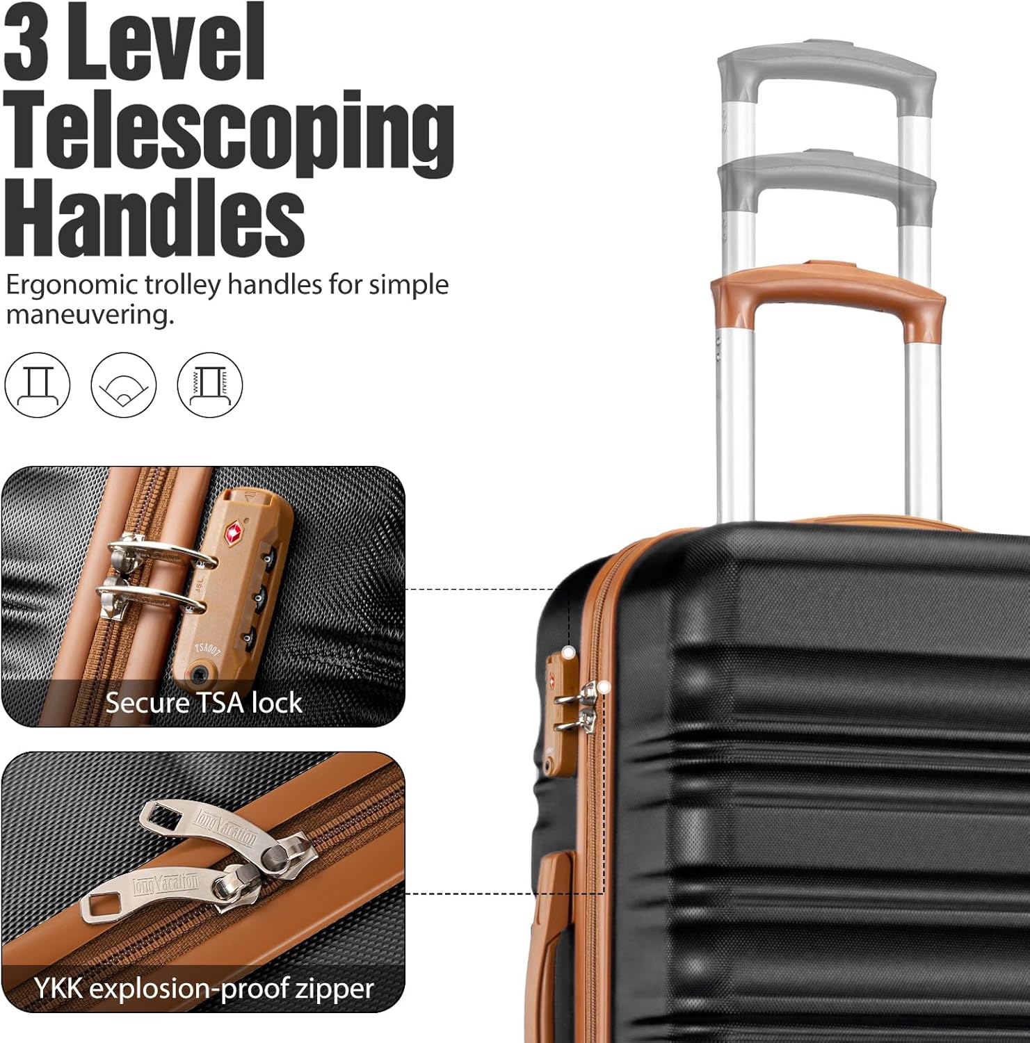 LONG VACATION 6 Piece Luggage Set Carry on Suitcase with ABS+PC hardshell, Spinner Wheels & YKK Zipper TSA Lock