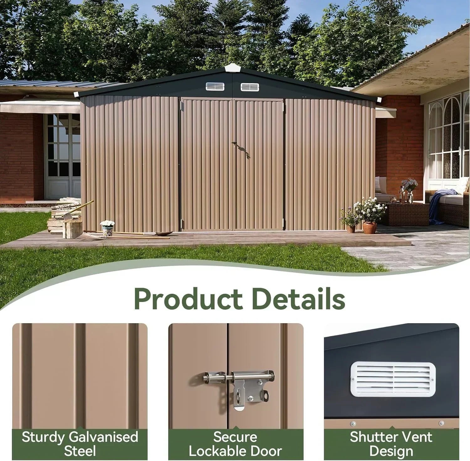 Aoxun 12x10 FT Shed Metal Outdoor Waterproof Storage Shed Steel Utility Garden Tool Shed