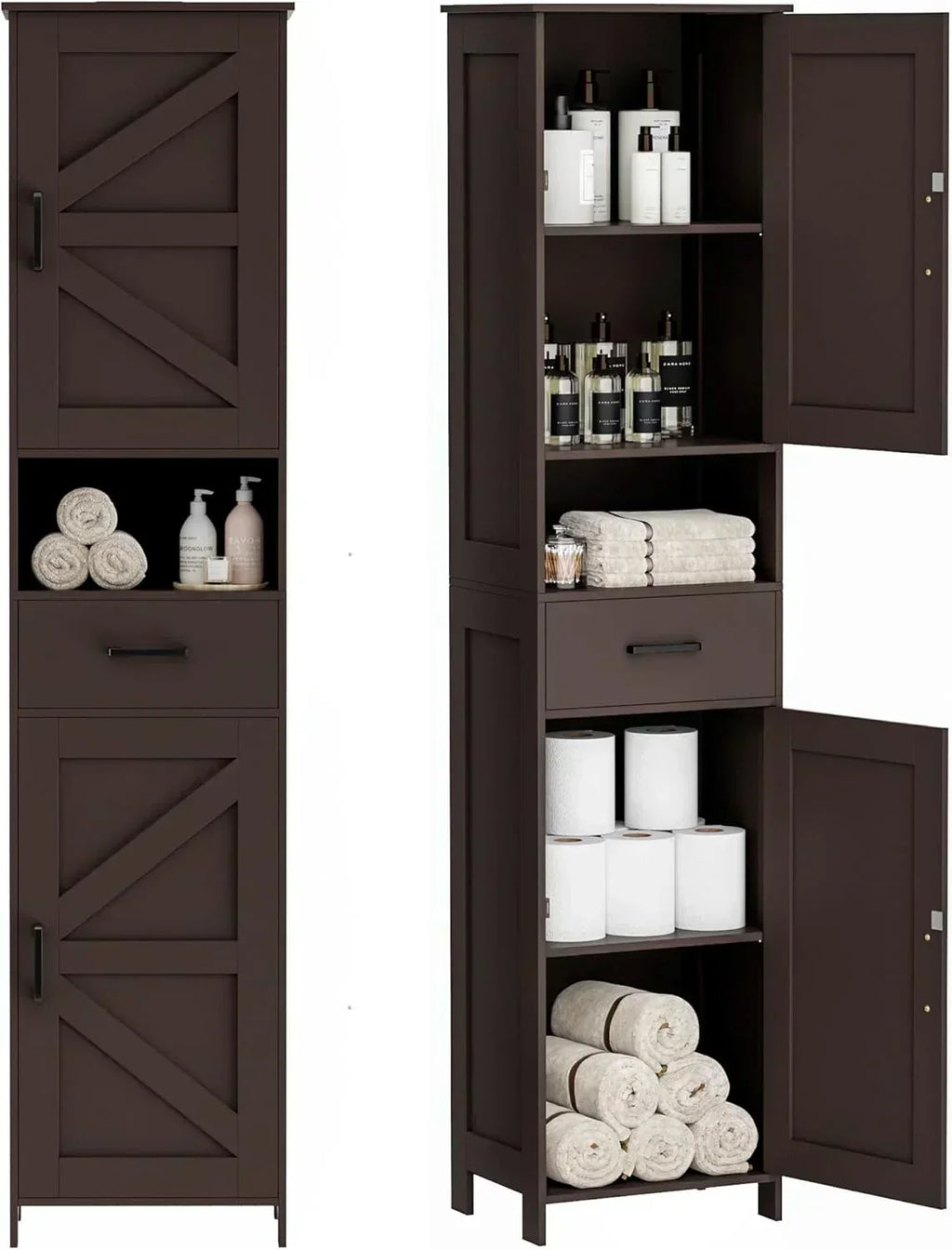 Homhedy 67 H Tall Bathroom Storage Cabinet with 2 Barn Doors and 1 Drawer Narrow Storage Unit