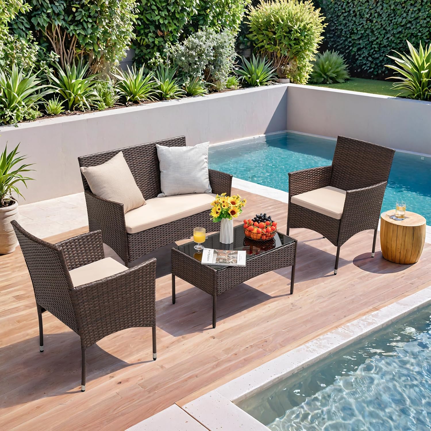 Homall 4 Pieces Outdoor Patio Furniture Sets Rattan Chair Wicker Set, Outdoor Indoor Use Backyard Porch Garden Poolside Balcony Furniture Sets (Grey)