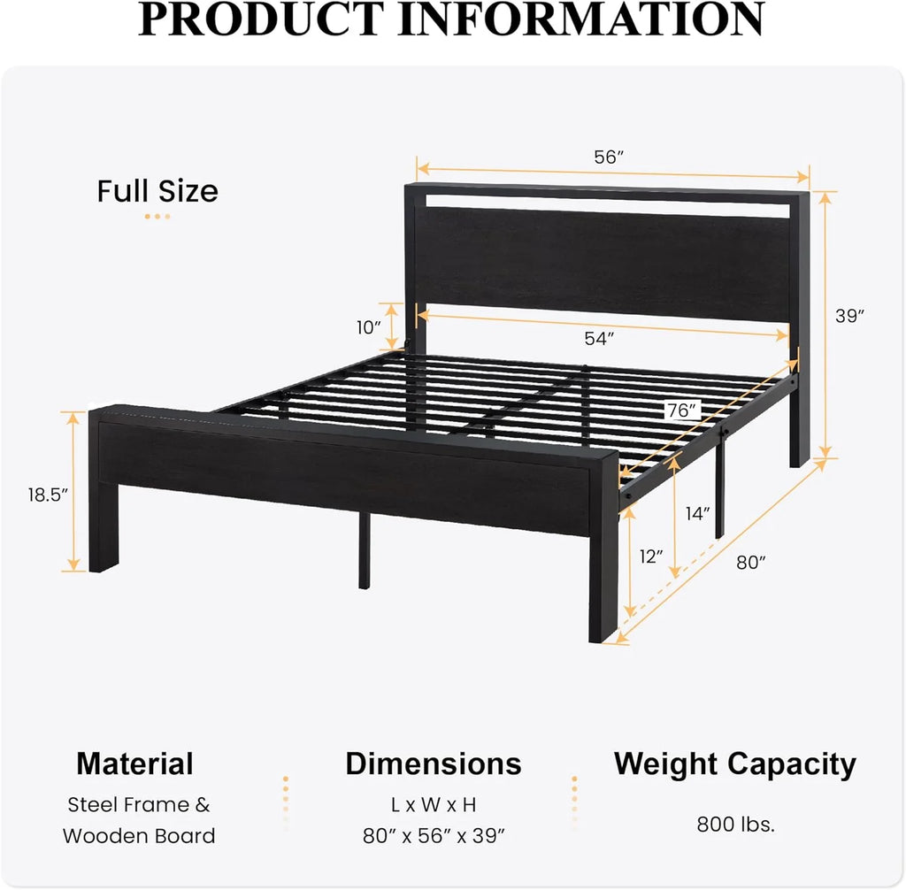 SHA CERLIN 14 Inch Queen Size Metal Platform Bed Frame with Wooden Headboard and Footboard