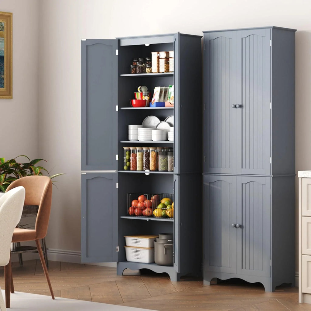 Tall Pantry Cabinet, Freestanding Storage Cabinet, Wooden Kitchen Pantry with 4 Doors and 5 Shelves, 72 Floor Cabinet Organizer