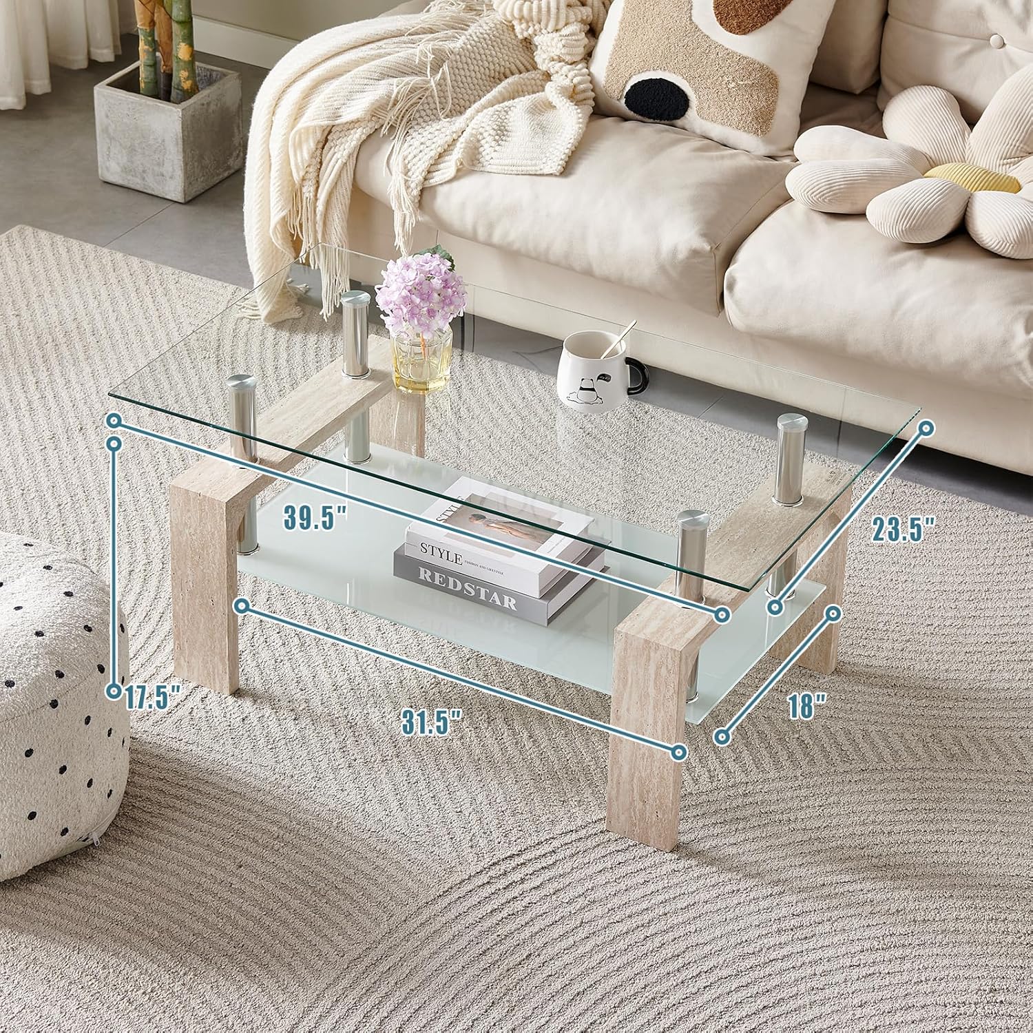 Living Room Rectangle Coffee Table, Tea Table Suitable for Waiting Room, Modern Side Coffee Table with Wooden Leg, Glass Tabletop