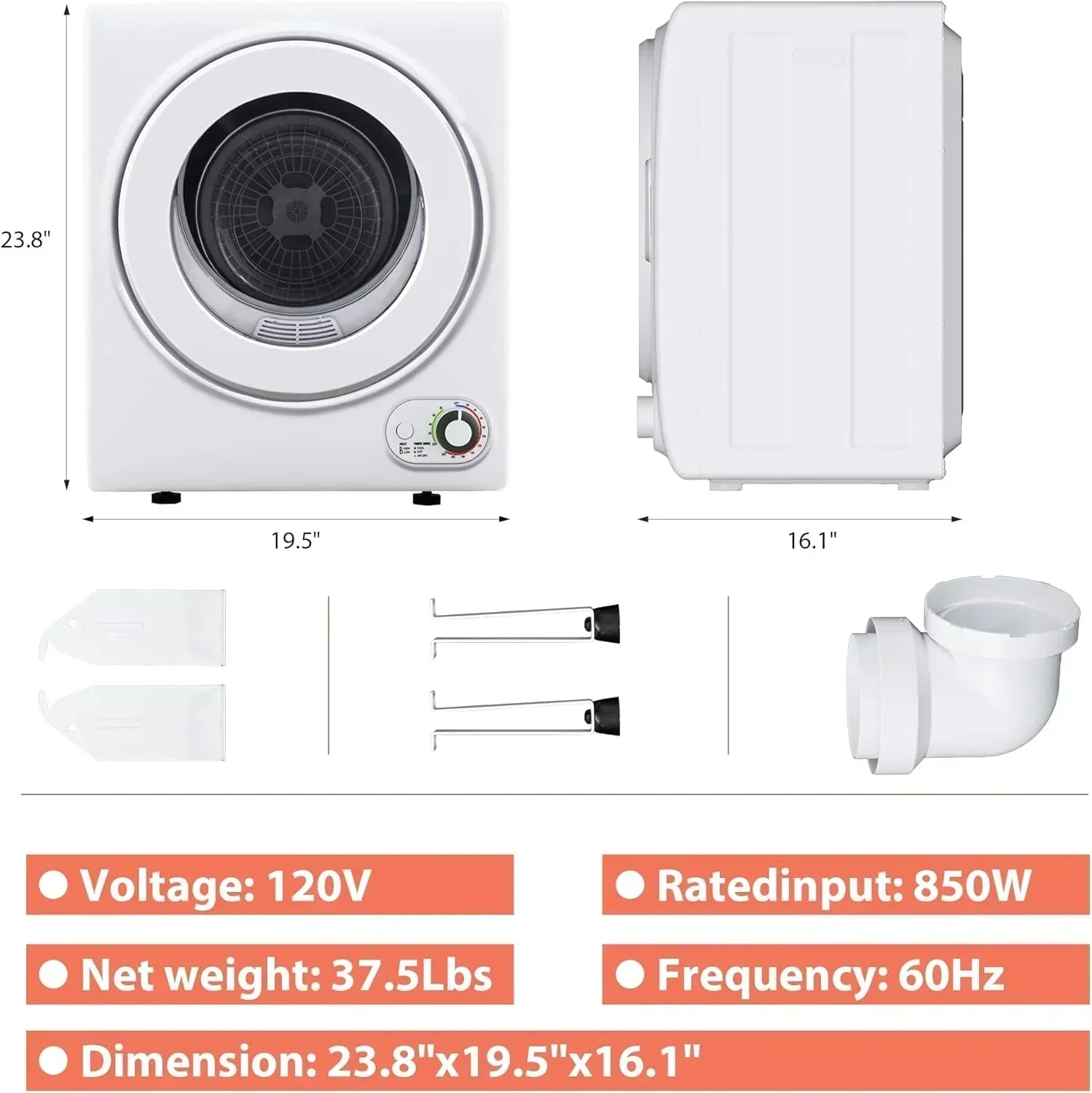 Compact Laundry Dryer 3.5 cu ft Front Load Stainless Steel Clothes Dryers With Exhaust Pipe