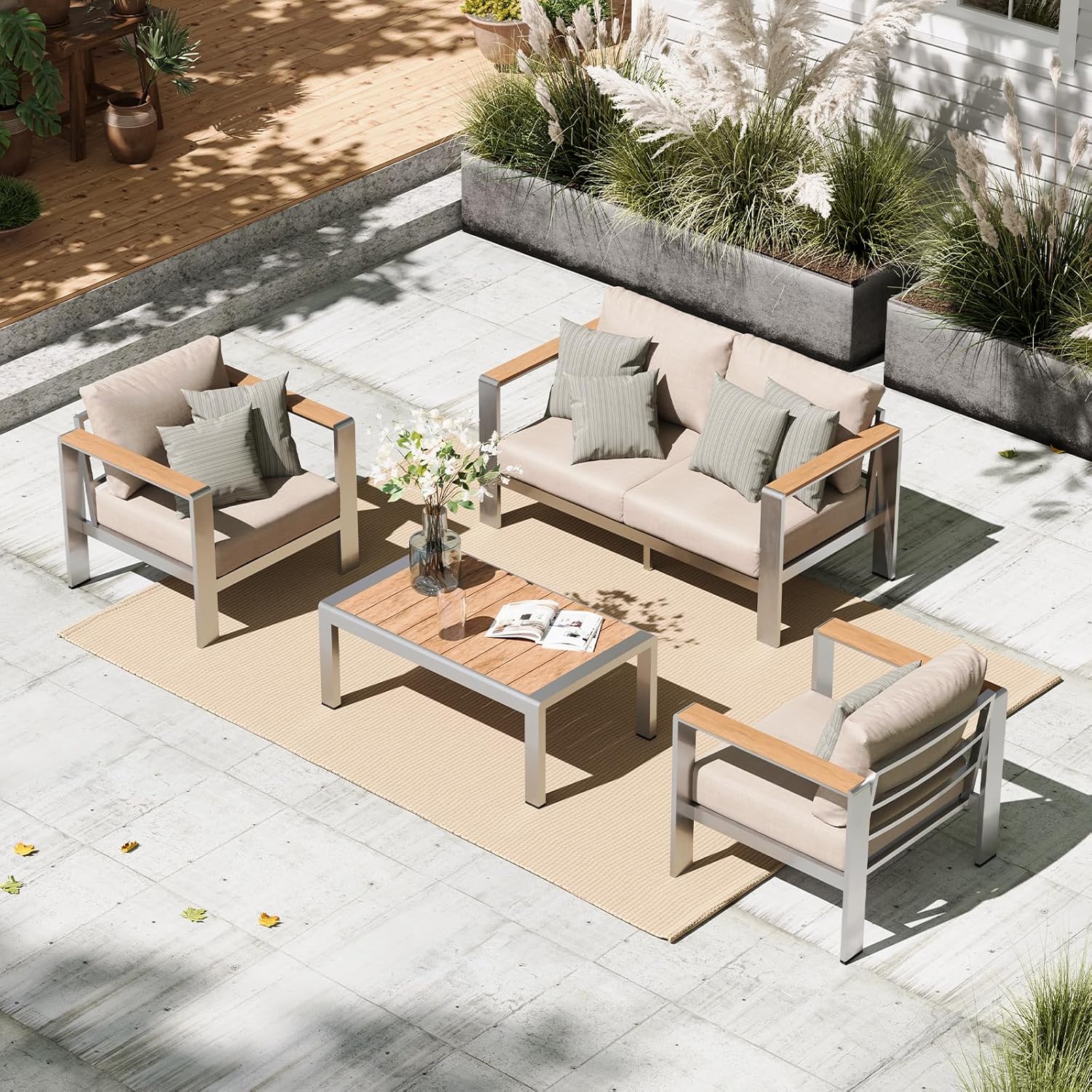Aluminum Outdoor Patio Furniture Set with Coffee Table, 4 Piece Patio Conversation Sets with Washable Thick Cushions