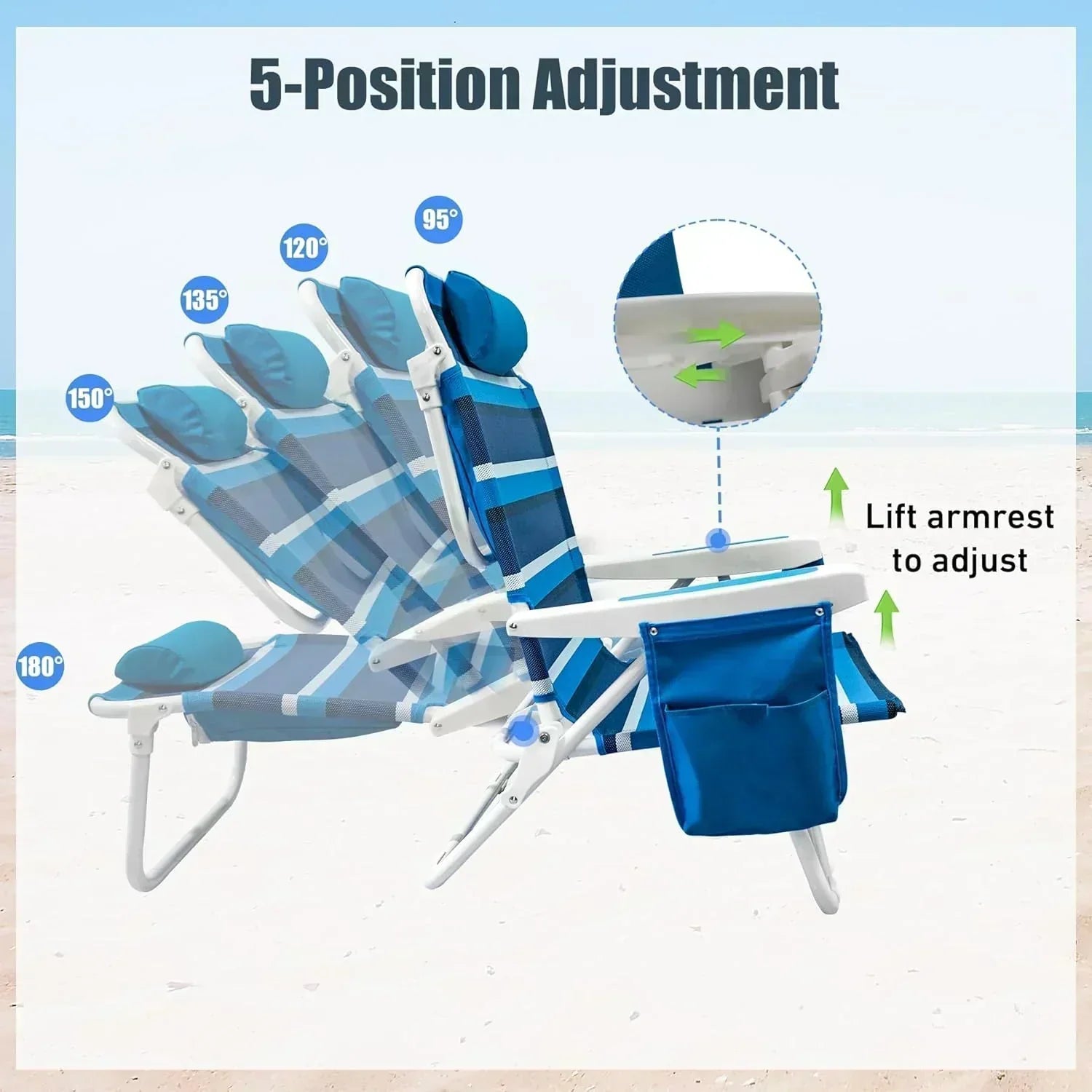Beach Chair 2 Pack 5 Positions Textilene Folding Reclining Beach Chair with Straps Cooler Bag