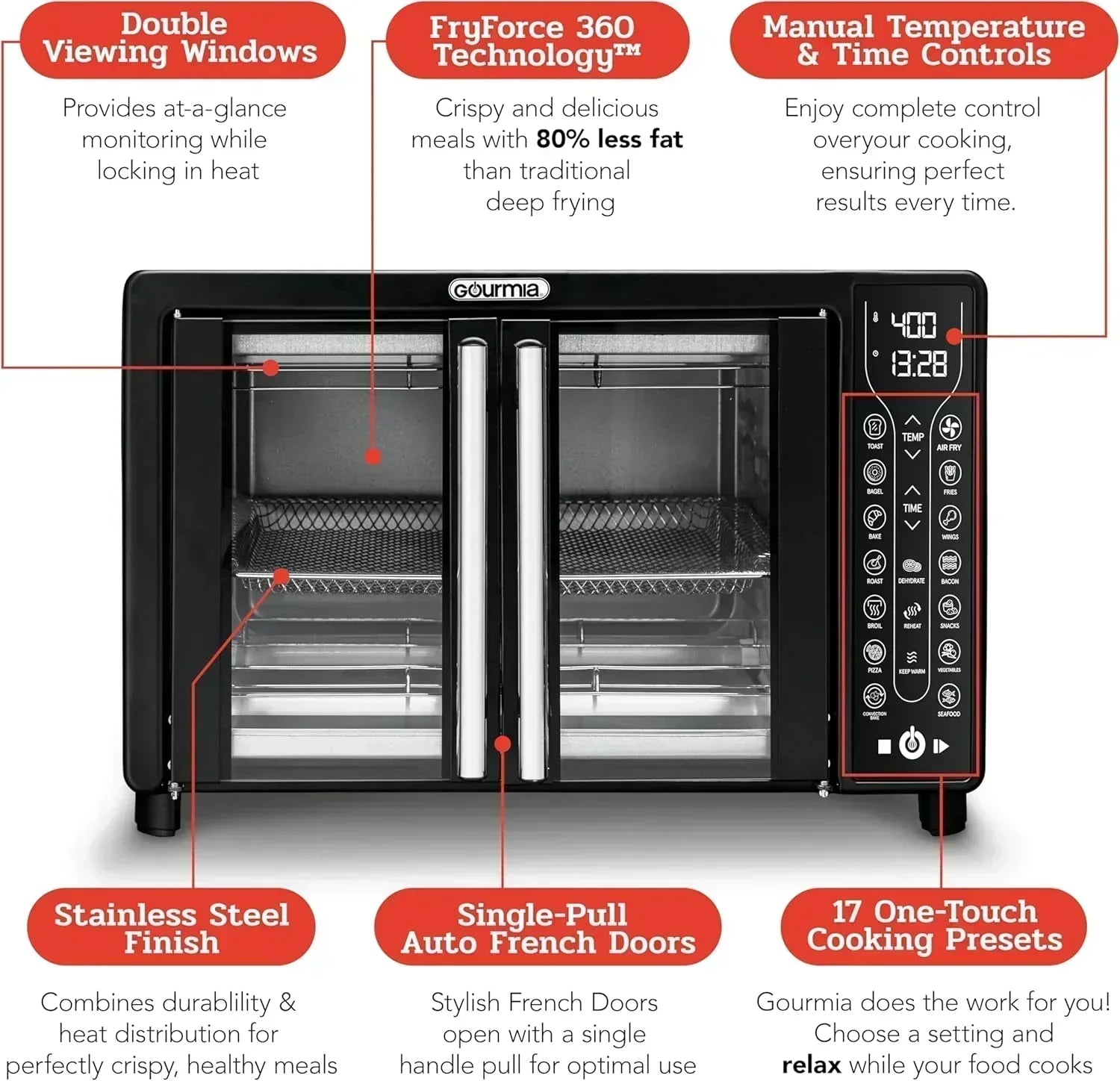 Gourmia Oven Air Fryer Combo with 17 Cooking Presets 24L Capacity Convection Rack