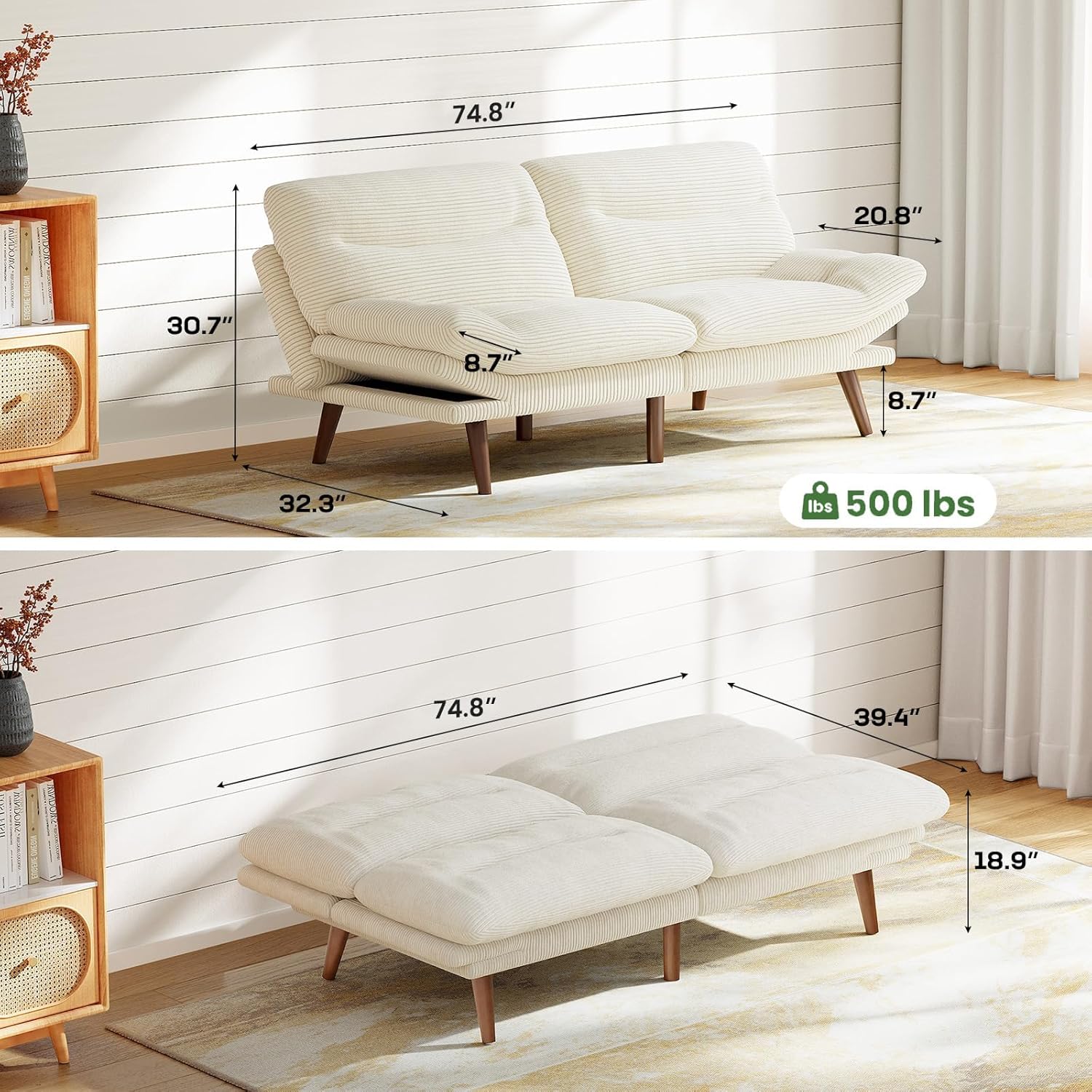 Futon Sofa Bed Futon Sofa Adjustable Back Armrests Converts to Small Sleeper Sofa Bed