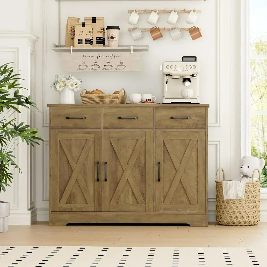 Modern farmhouse sideboard barn door buffet storage cabinet with drawers and shelves
