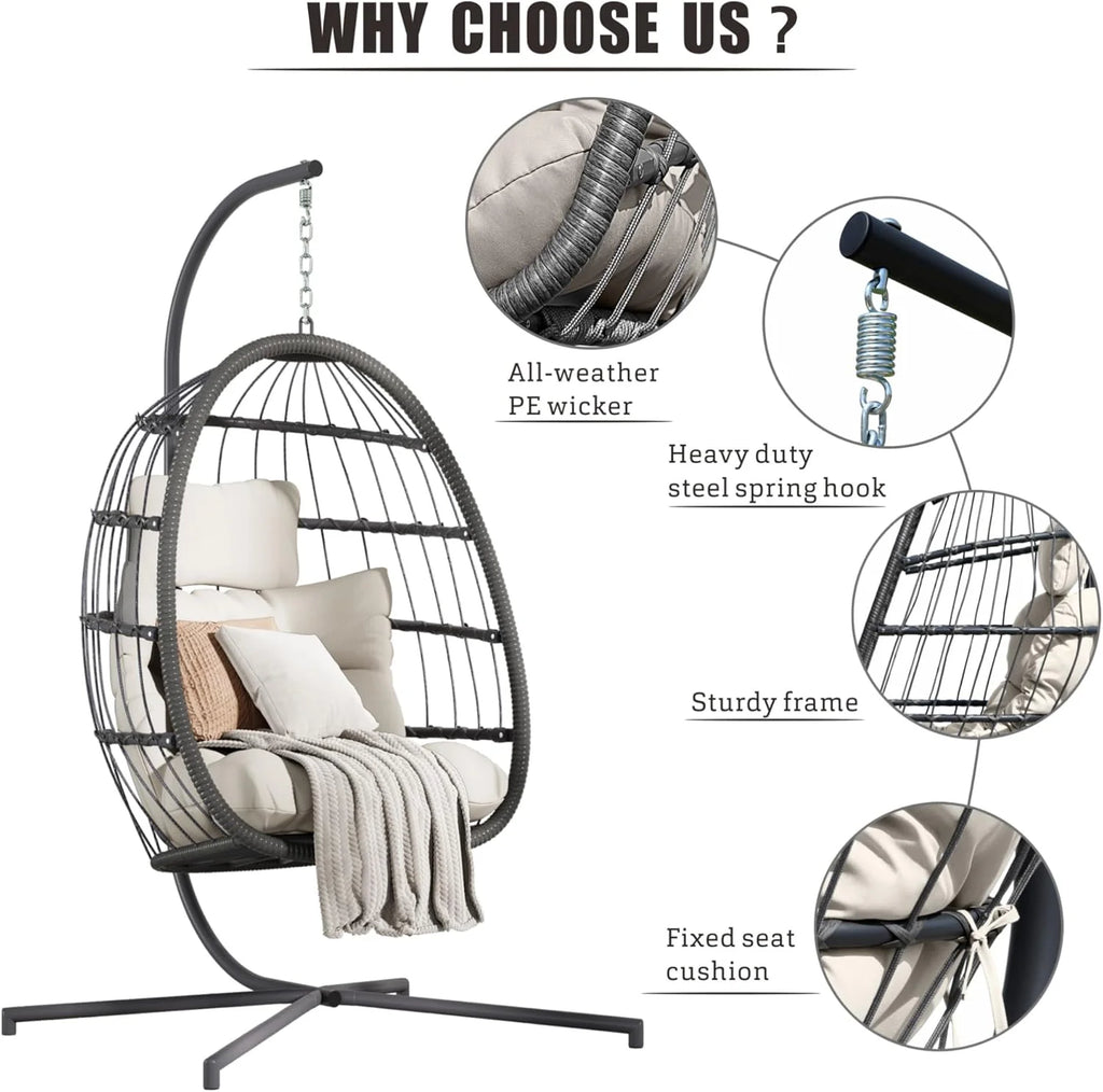 HWB Hanging Egg Chair Patio Wicker Hammock Egg Swing Chair with Cushion for Bedroom