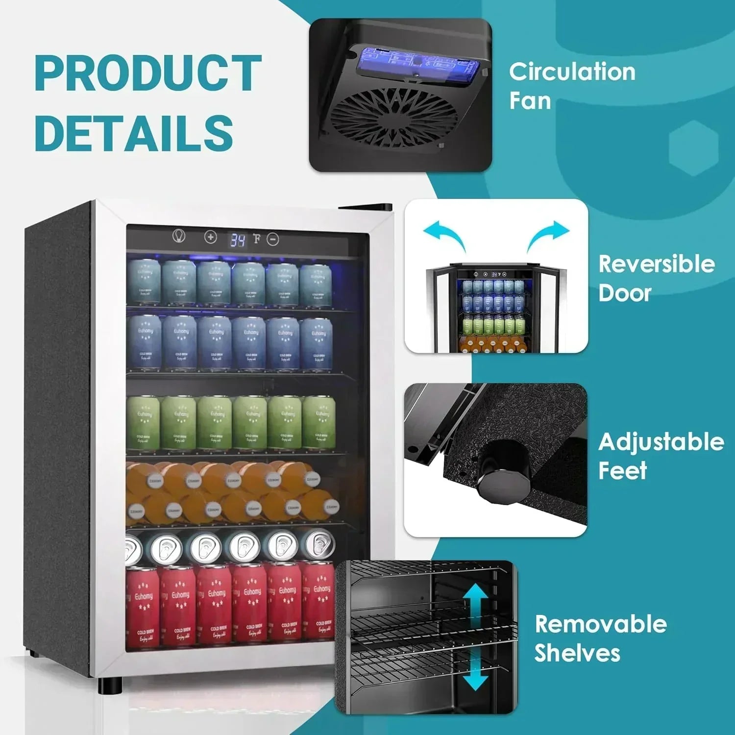 EUHOMY Beverage Refrigerator Cooler 130 Can Mini Fridge with Glass Door Beverage Cooler