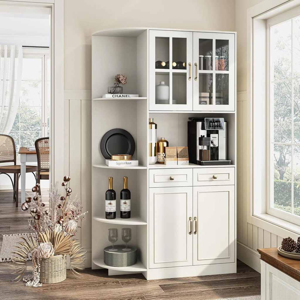 Kitchen Hutch Pantry Cabinet 71 Tall with Glass Doors