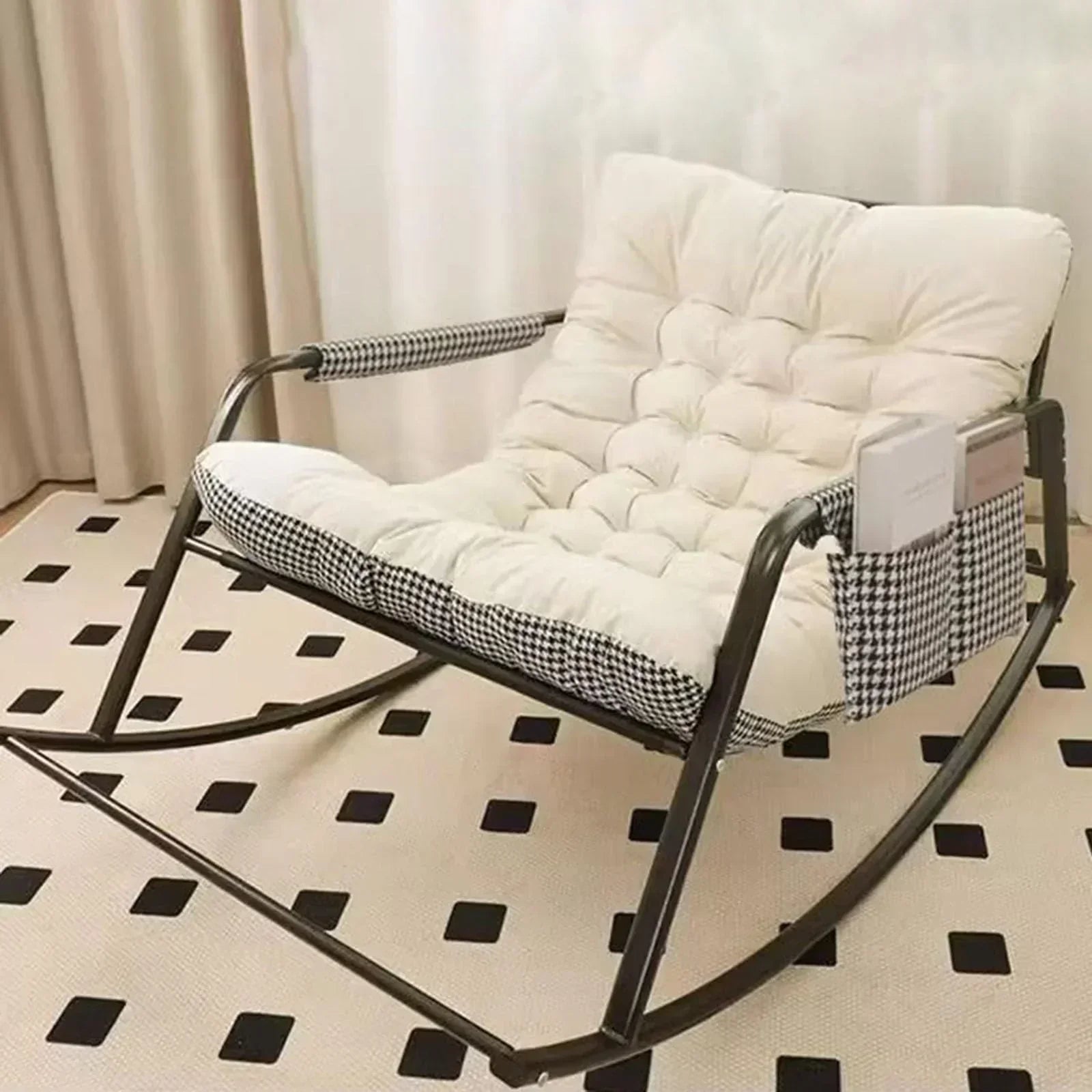 Modern Lounge Chair for Balcony Upholstered w/Side Pockets Outdoor Rocking Chair